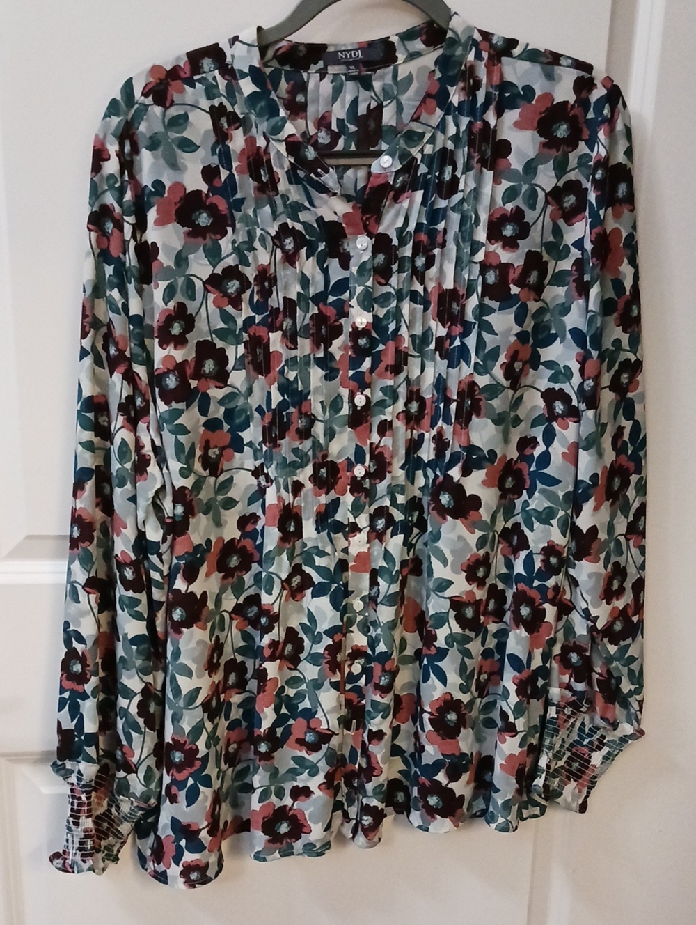 NYDJ Floral Pleated Button-Front Blouse - Teal, Burgundy, Pink, Cream